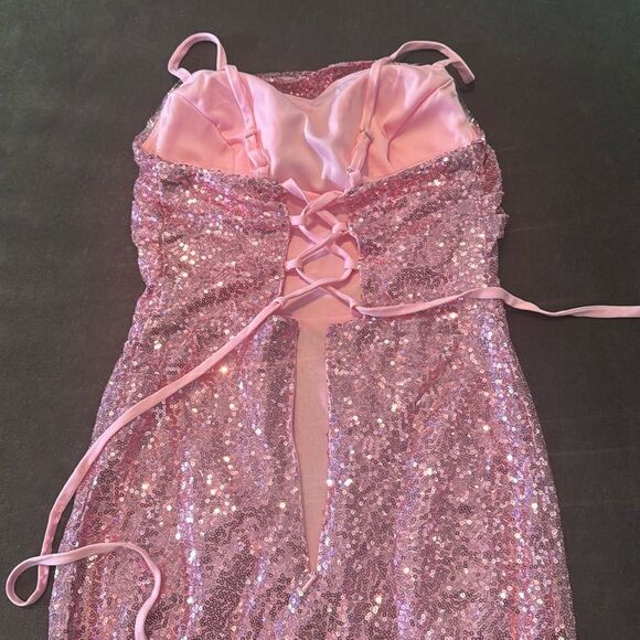 Women’s Pink Sequined Short Homecoming Party Dress Ruffle Hem CorsetBack Size 4 - Picture 13 of 16